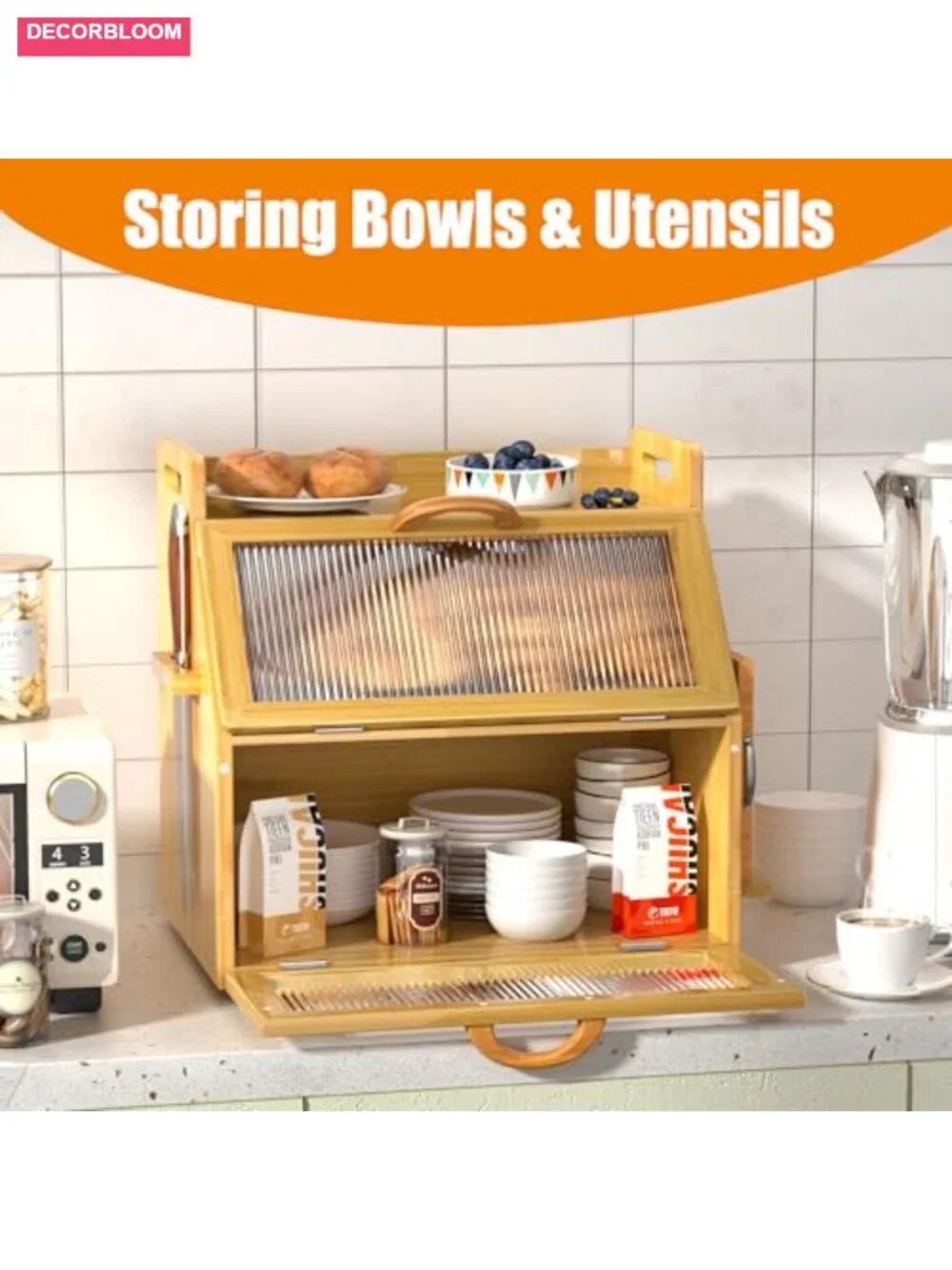 Large Bamboo Bread Box with Acrylic Window, Double Layer Kitchen Countertop